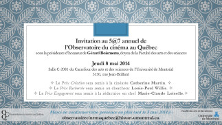 5@7 annuel de l'Observatoire du cinéma au Québec / Des prix décernés à Marie-Claude Loiselle, Catherine Martin et Louis-Paul Willis