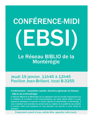 EBSI - Conférence midi : Le réseau BIBLIO de la Montérégie
