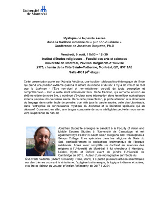 Mystique de la parole sacrée dans la tradition indienne du 'pur non-dualisme', conférence de Jonathan Duquette, Ph.D.